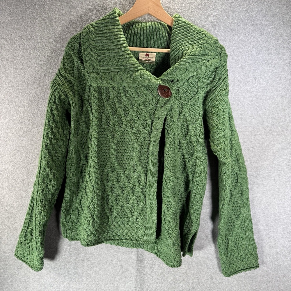 Carraig Donn Wool Sweater Cardigan Shawl Women Medium Green Cable Knit Fisherman